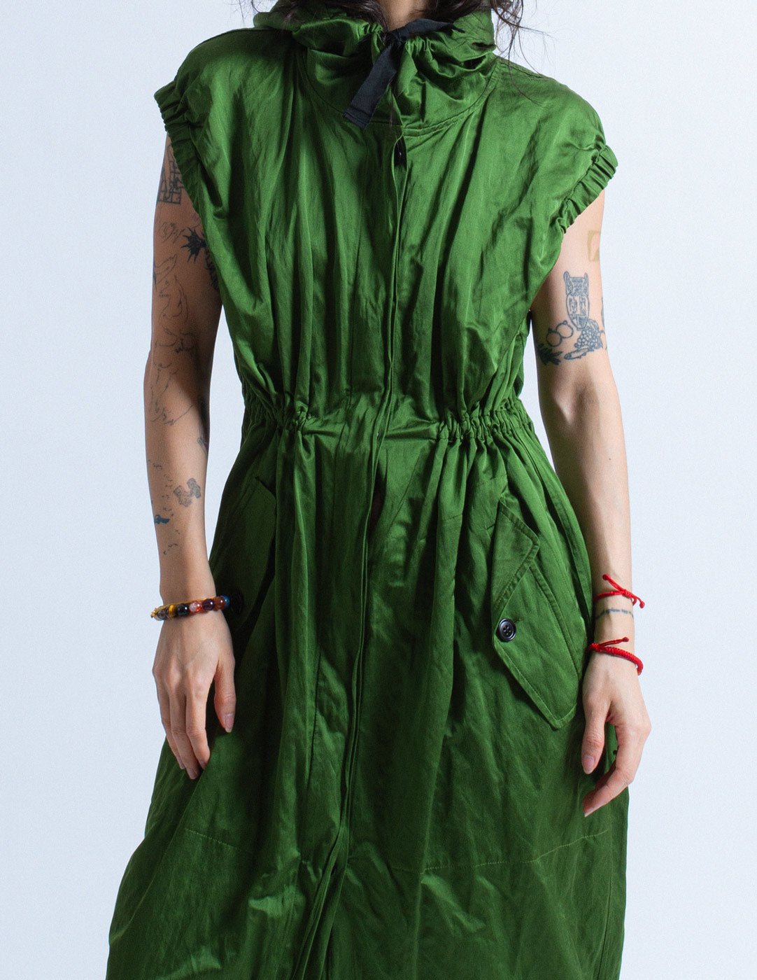 Dries Van Noten green crinkled dress jacket with hood detail