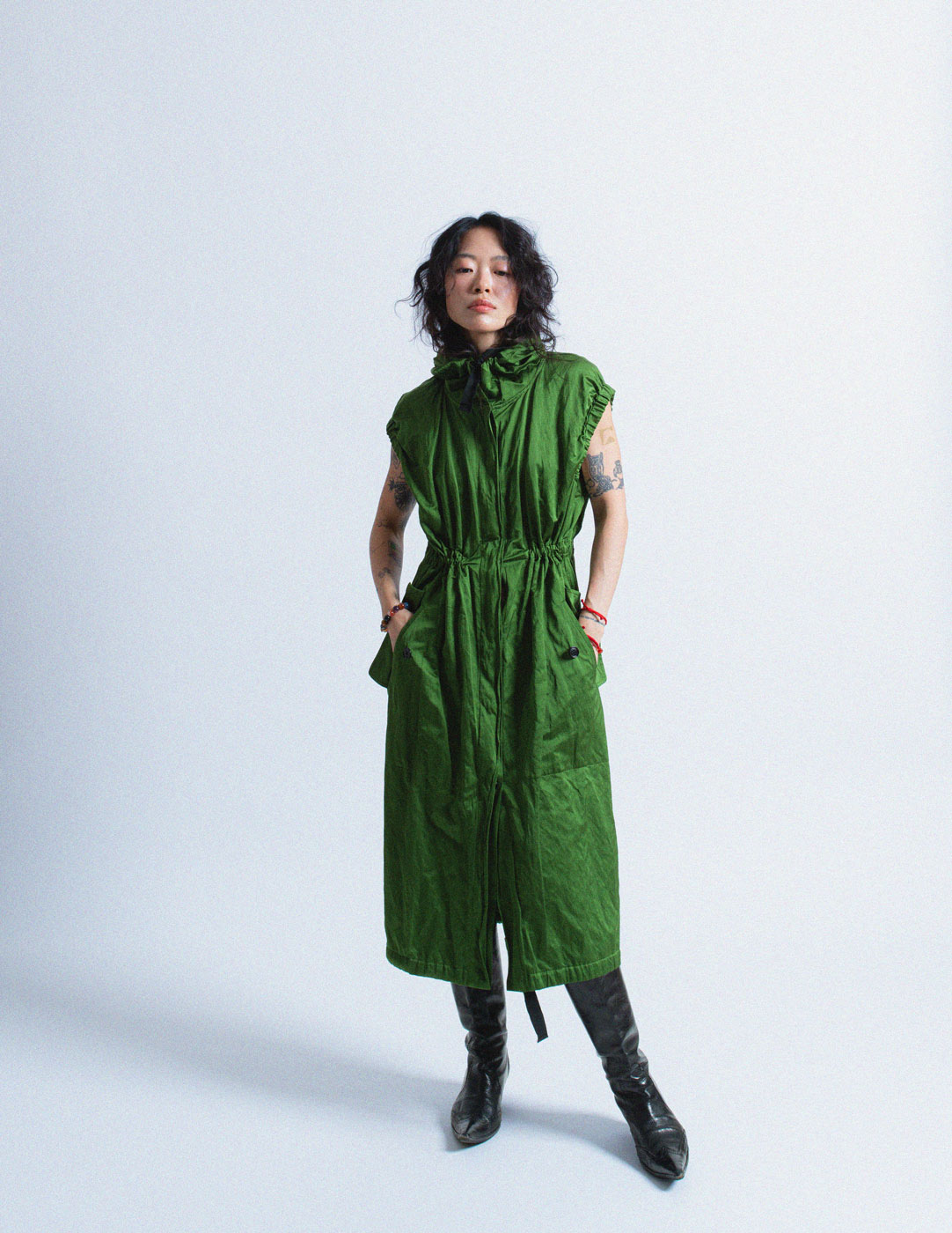 Dries Van Noten green crinkled dress jacket with hood