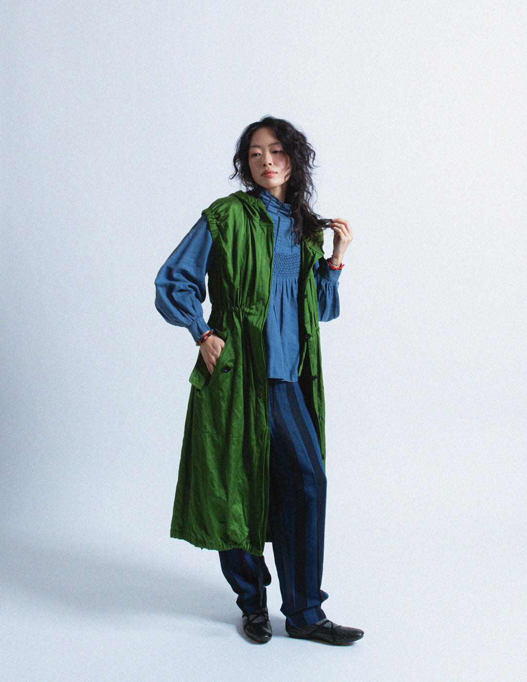 Dries Van Noten green crinkled dress jacket with hood
