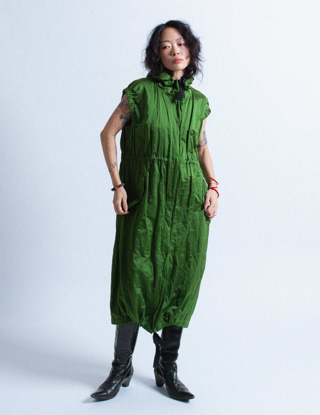 Dries Van Noten green crinkled dress jacket with hood