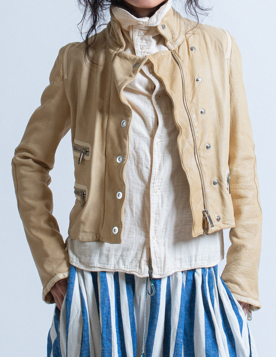 Giorgio Armani cropped cream moto leather jacket detail