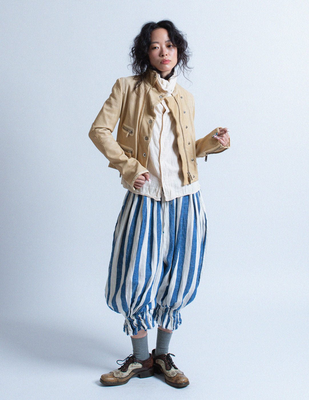 Giorgio Armani cropped cream moto leather jacket 