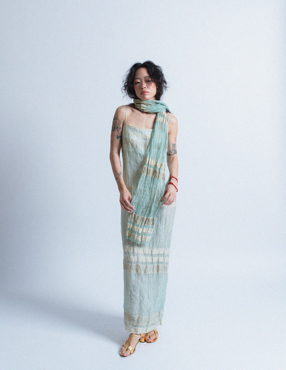 Gianfranco Ferré vintage seafoam crinkled dress and shawl set