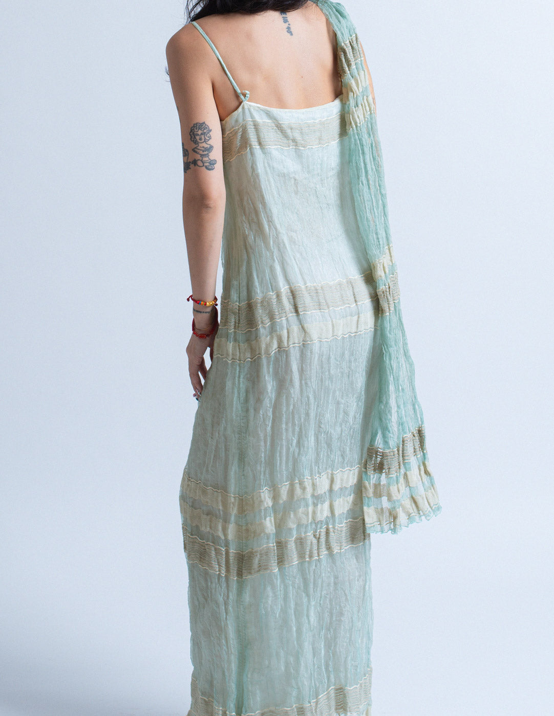 Gianfranco Ferré vintage seafoam crinkled dress and shawl set back detail