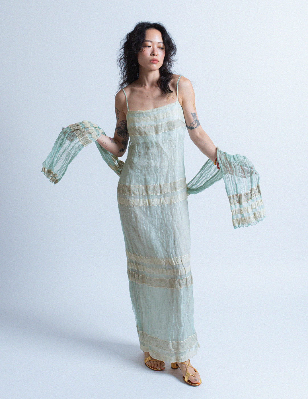 Gianfranco Ferré vintage seafoam crinkled dress and shawl set