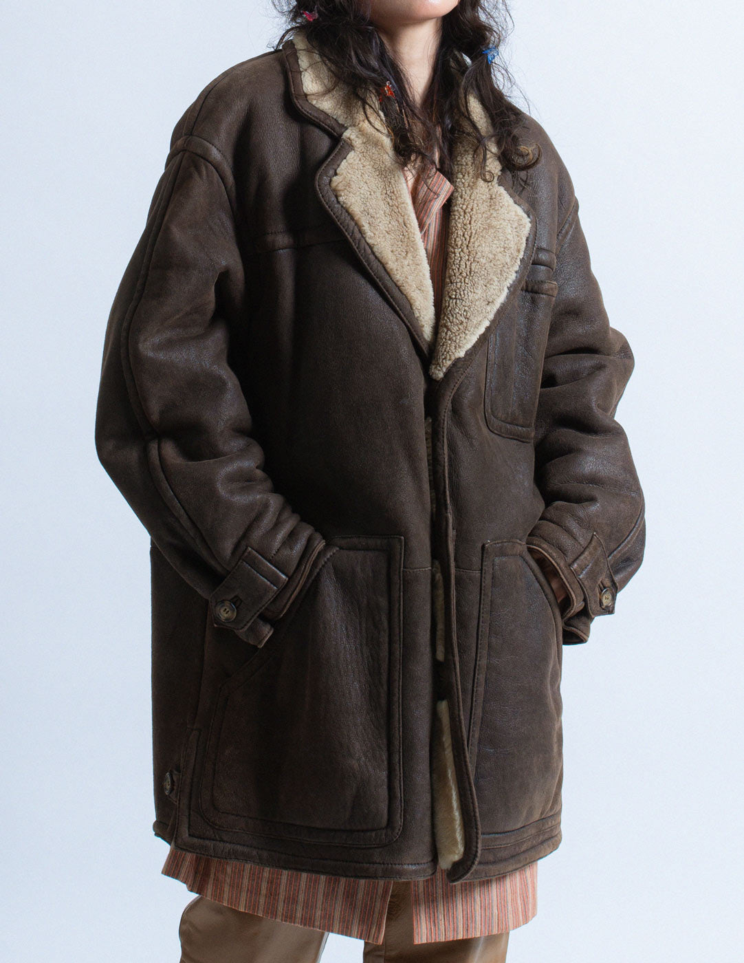 Gianfranco Ferré vintage brown shearling leather coat front detail