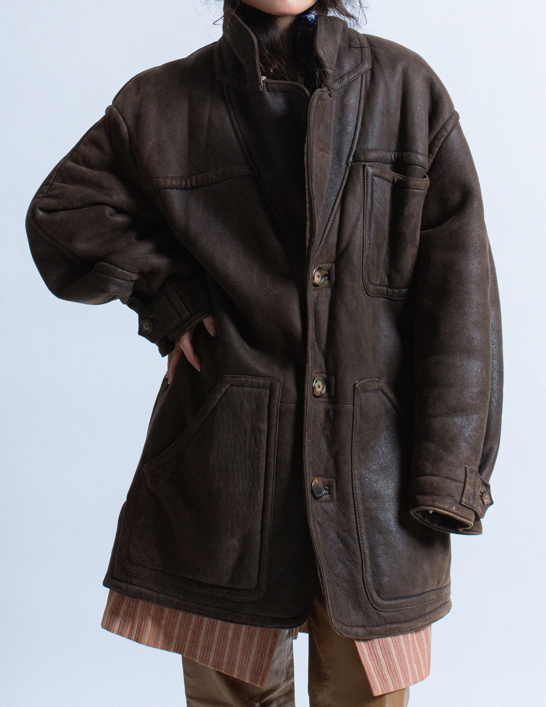 Gianfranco Ferré vintage brown shearling leather coat detail