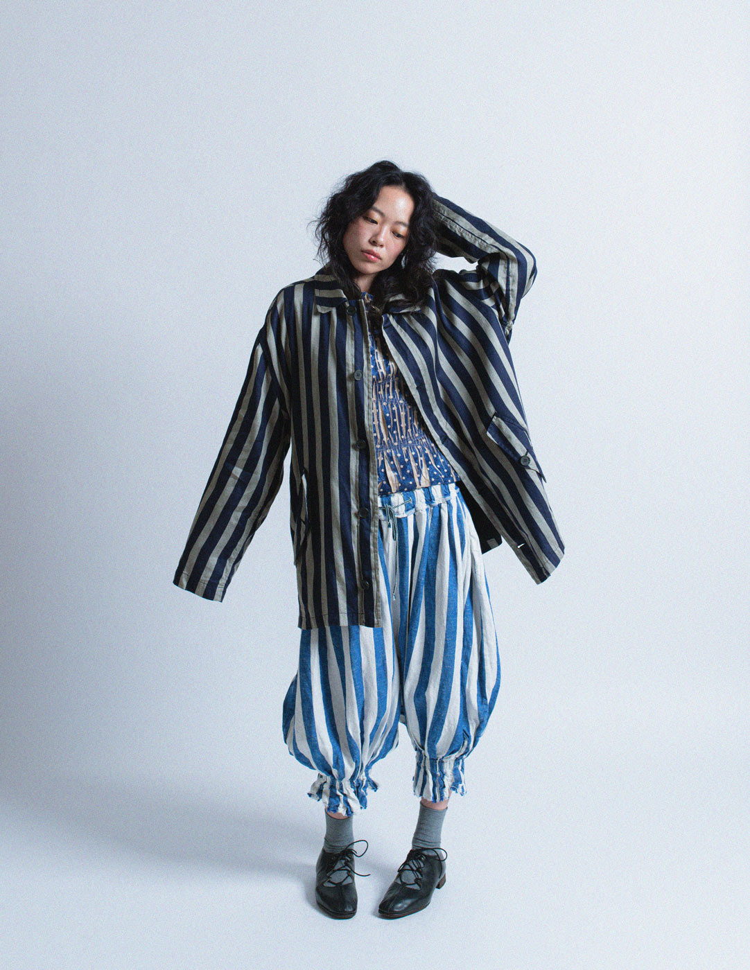 Yoshiki Hishinuma vintage blue polkadot pleated long sleeves