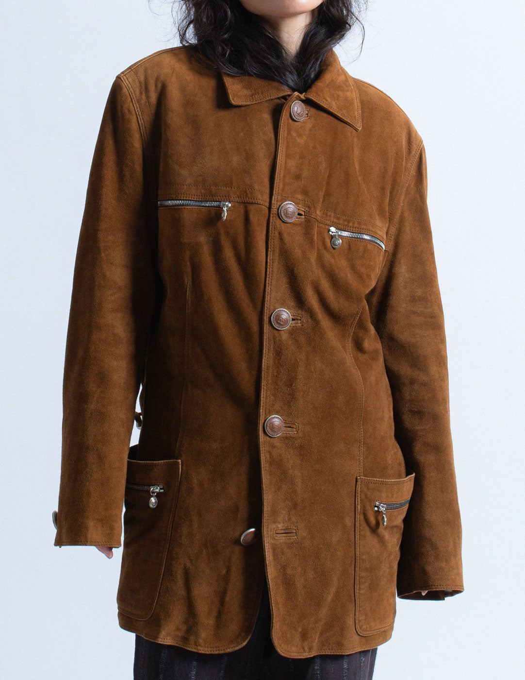 Gianni Versace vintage gingerbread brown suede jacket detail