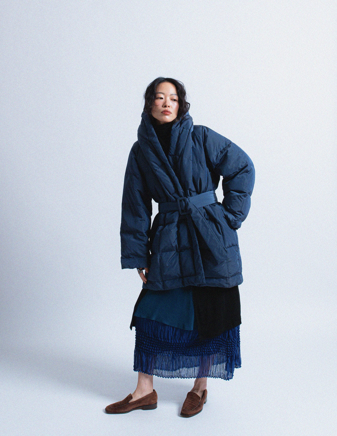 Romeo Gigli vintage navy quilt puffer with belt