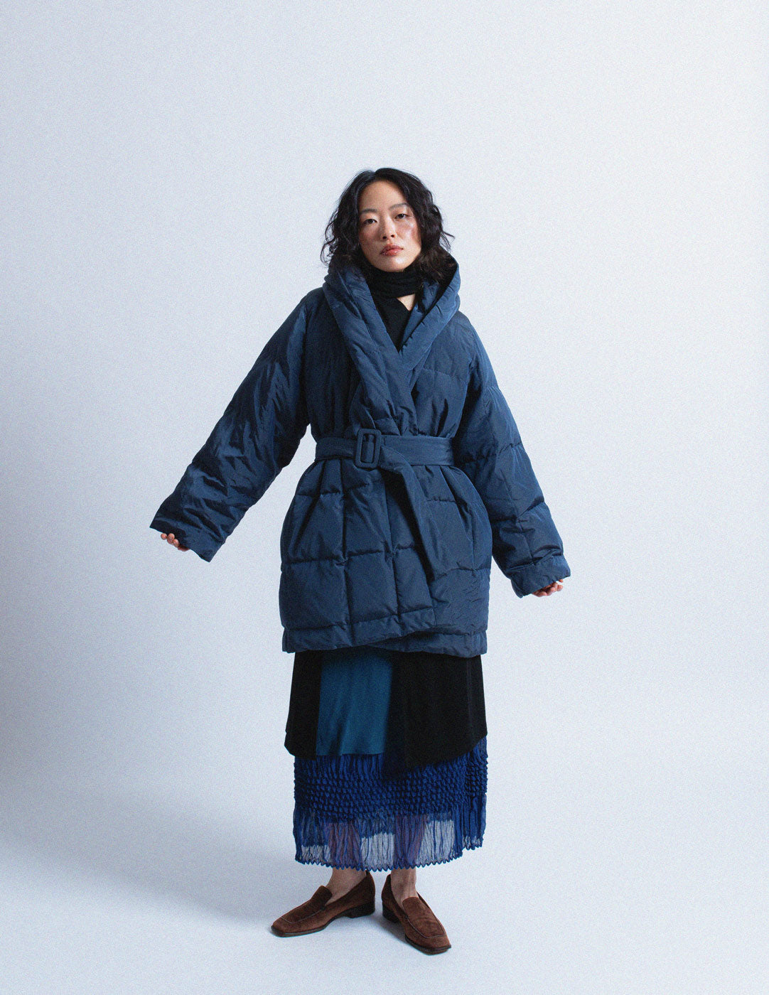 Romeo Gigli vintage navy quilt puffer with belt
