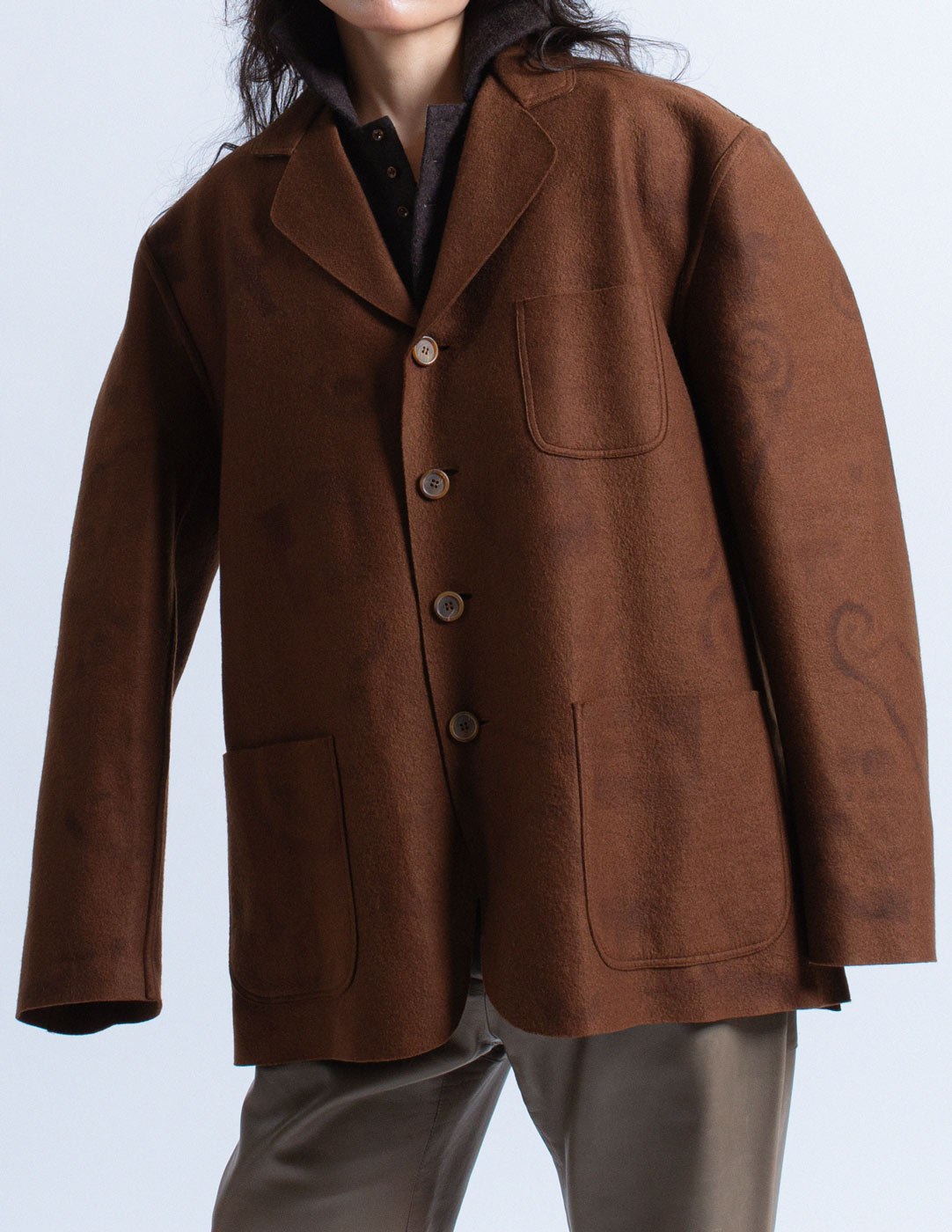 Romeo Gigli vintage brown brushed wool blazer front detail