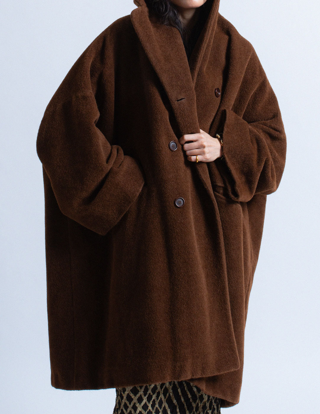 Romeo Gigli vintage brown alpaca cocoon coat detail