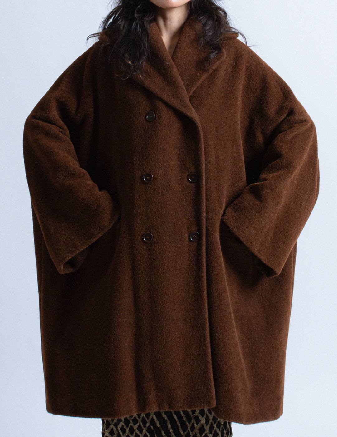 Romeo Gigli vintage brown alpaca cocoon coat detail