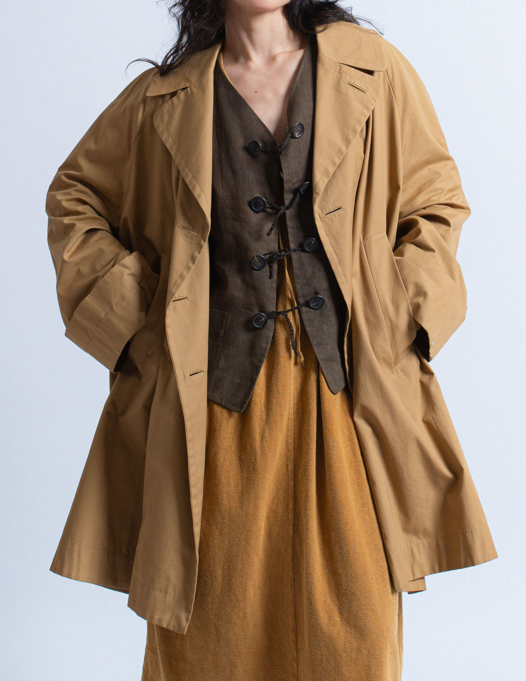 Romeo Gigli vintage camel tone double breasted cotton coat layered detail