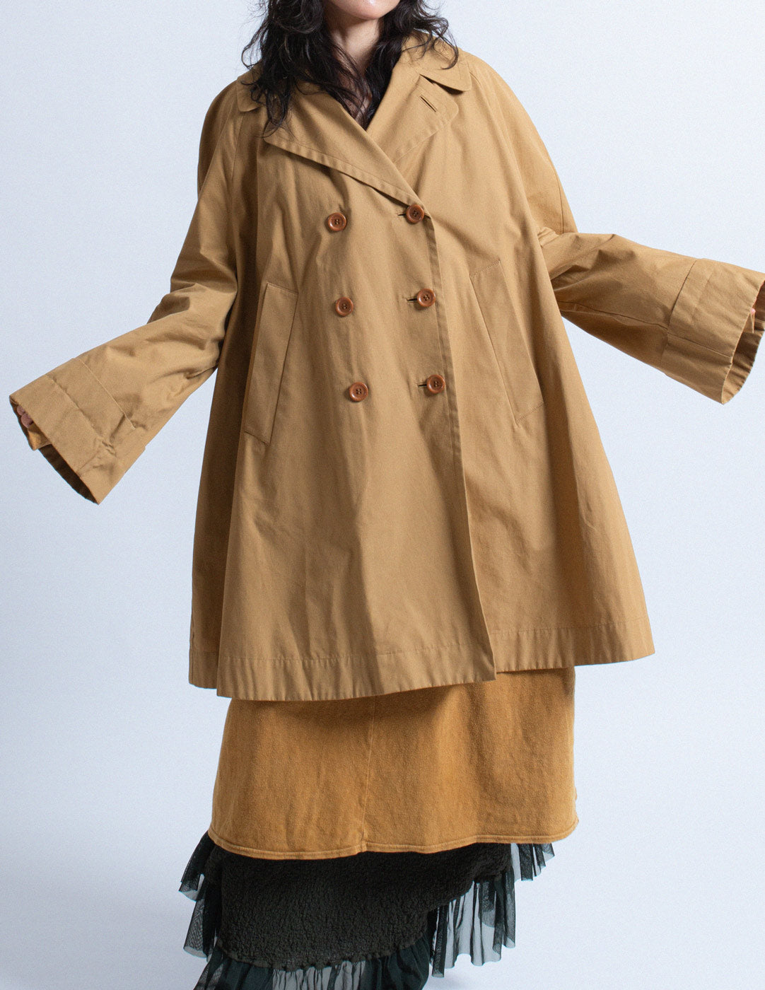 Romeo Gigli vintage camel tone double breasted cotton coat front detail