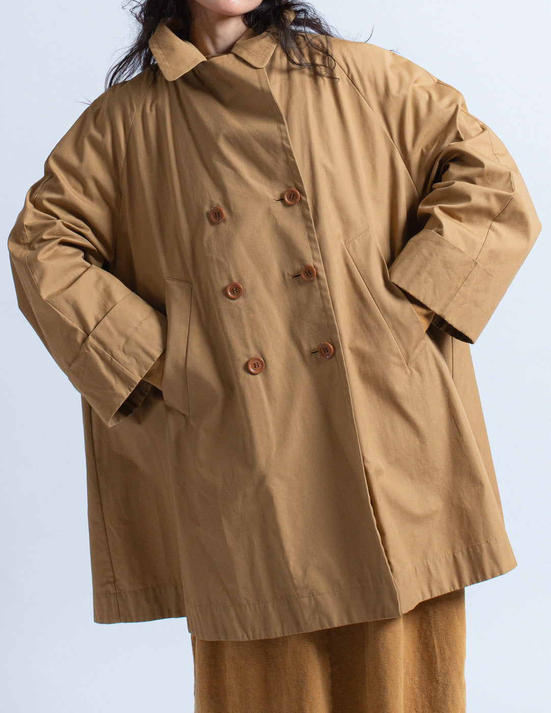 Romeo Gigli vintage camel tone double breasted cotton coat detail