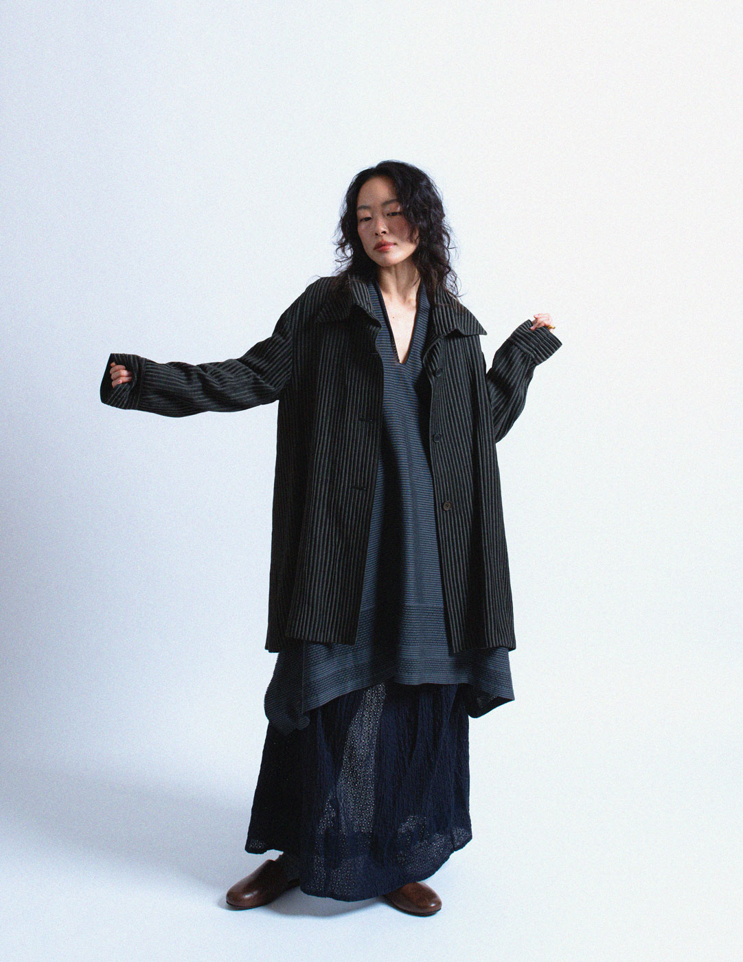 Romeo Gigli vintage black and charcoal pinstriped drape jacket