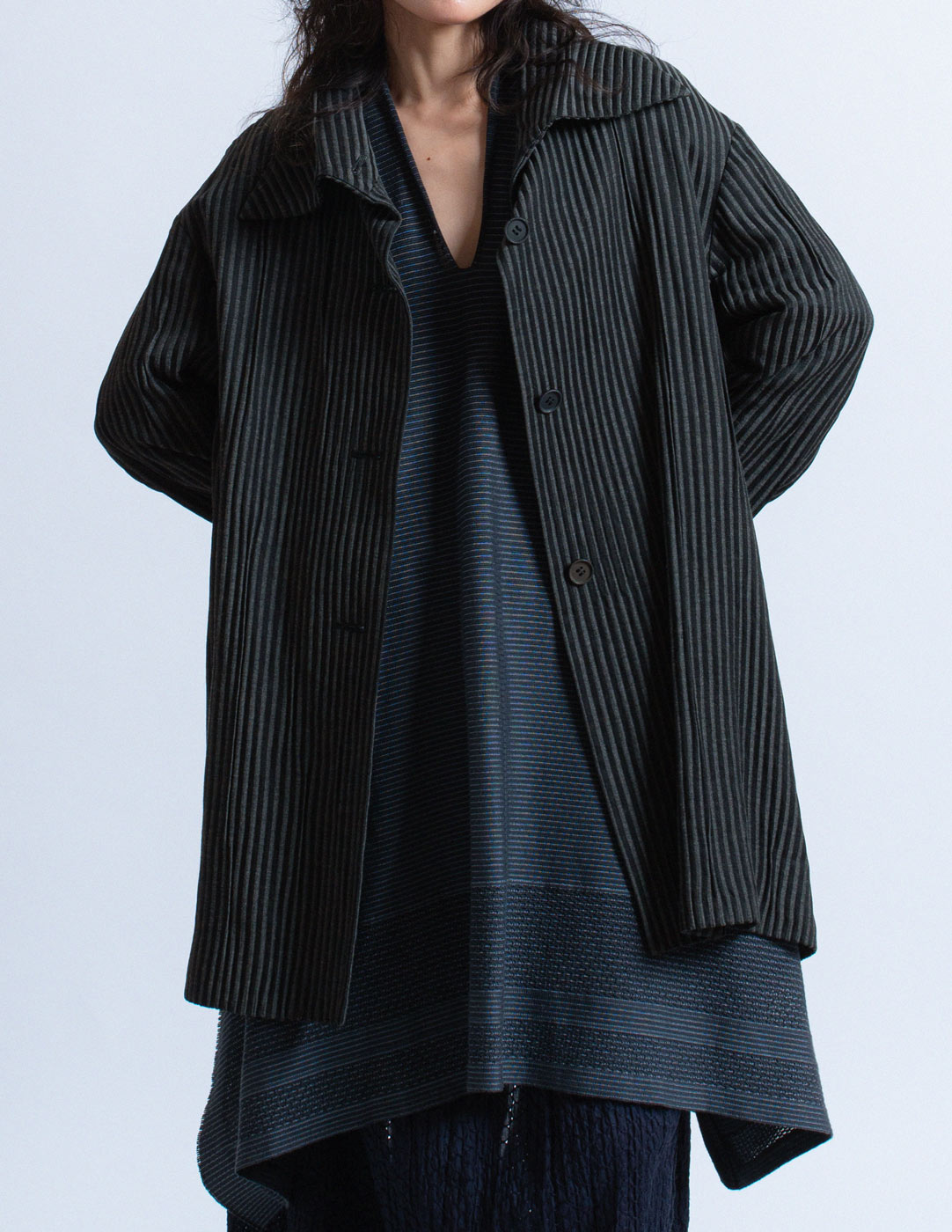 Romeo Gigli vintage black and charcoal pinstriped drape jacket detail