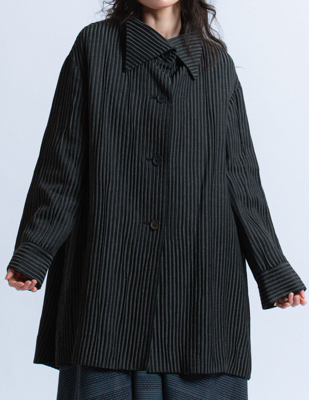 Romeo Gigli vintage black and charcoal pinstriped drape jacket detail