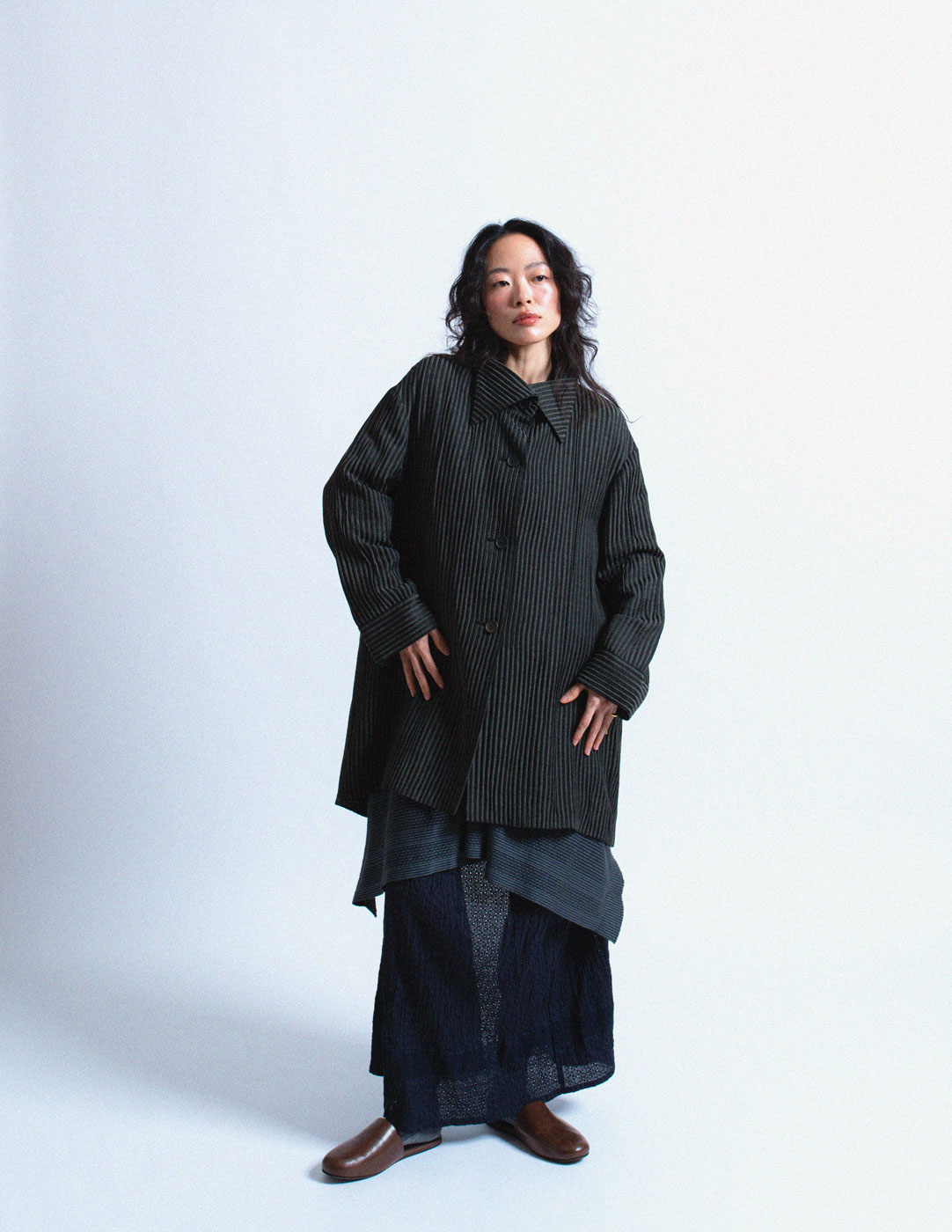 Romeo Gigli vintage black and charcoal pinstriped drape jacket