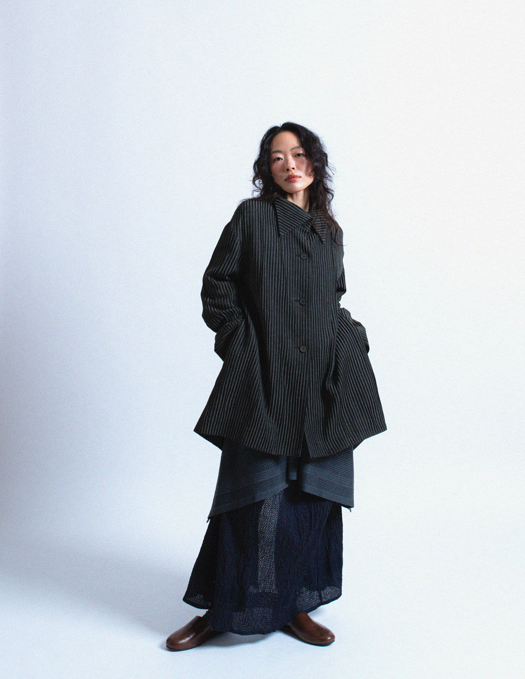 Romeo Gigli vintage black and charcoal pinstriped drape jacket