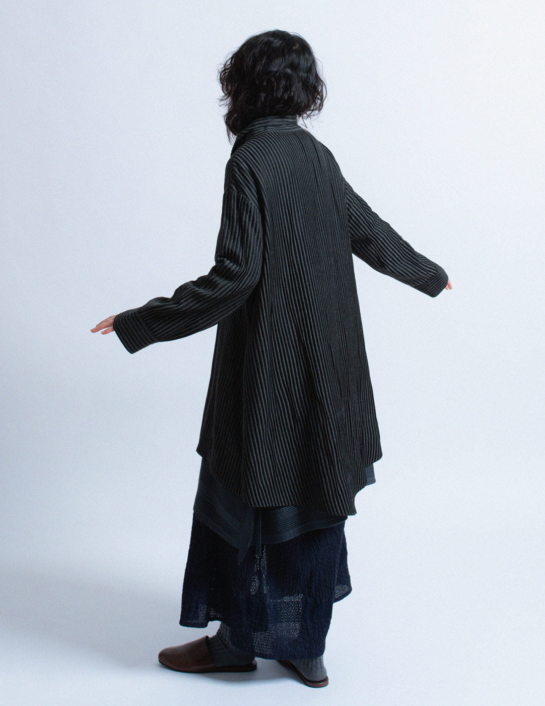 Romeo Gigli vintage black and charcoal pinstriped drape jacket back view