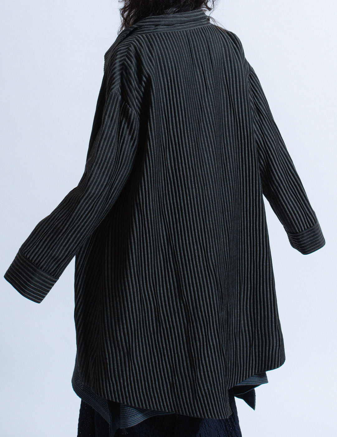 Romeo Gigli vintage black and charcoal pinstriped drape jacket back detail