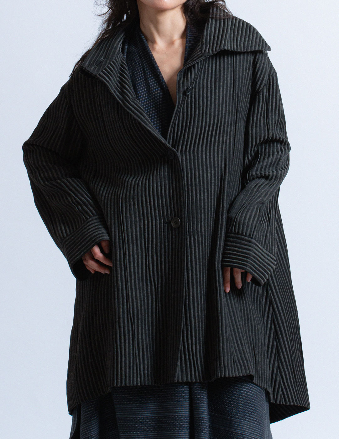 Romeo Gigli vintage black and charcoal pinstriped drape jacket detail