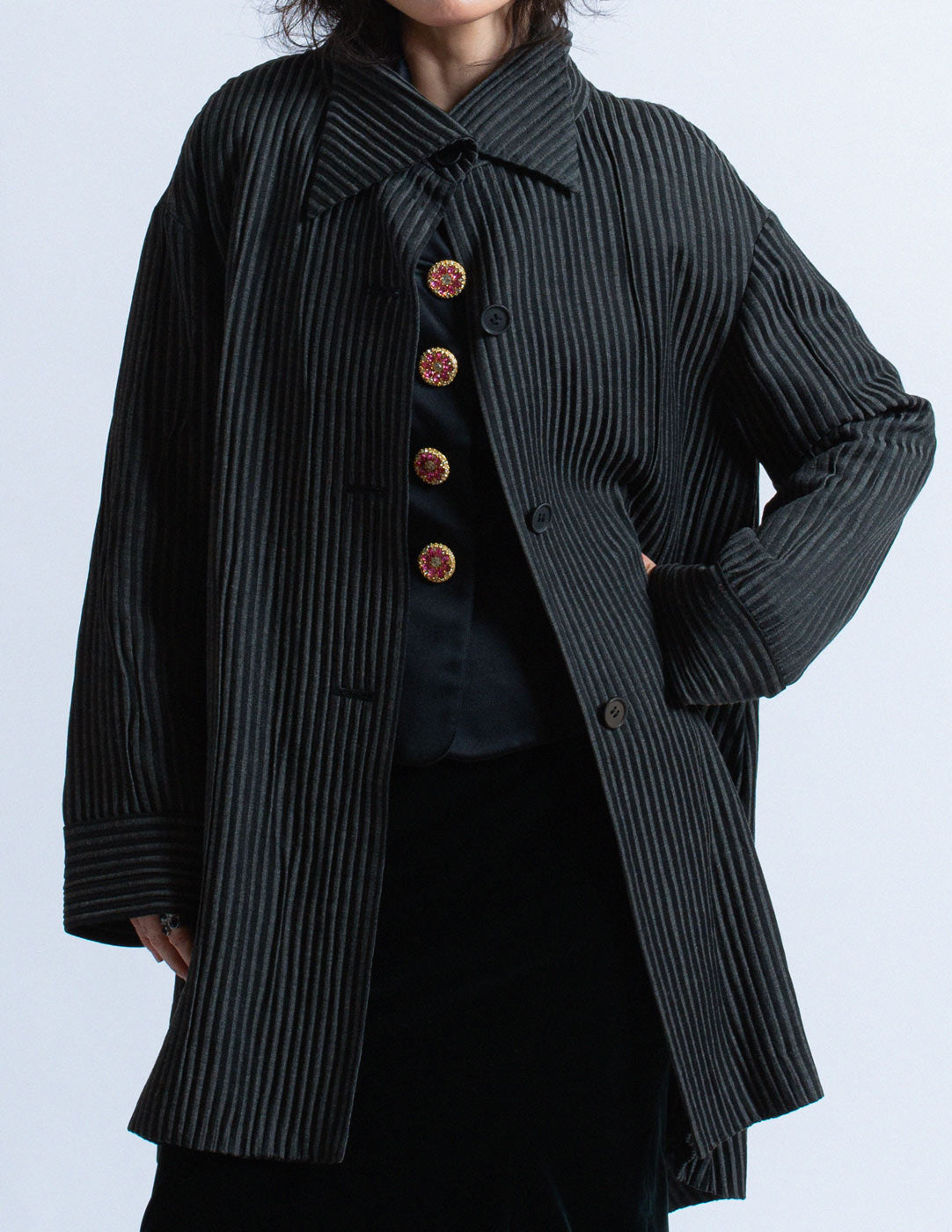 Romeo Gigli vintage black and charcoal pinstriped drape jacket front detail