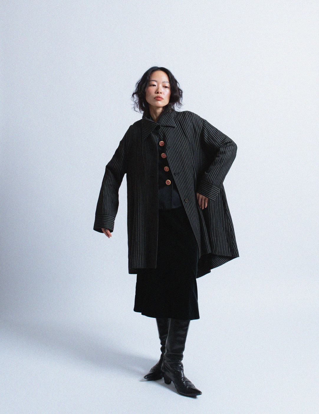 Romeo Gigli vintage black and charcoal pinstriped drape jacket