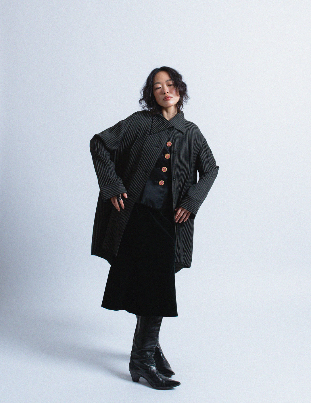 Romeo Gigli vintage black and charcoal pinstriped drape jacket