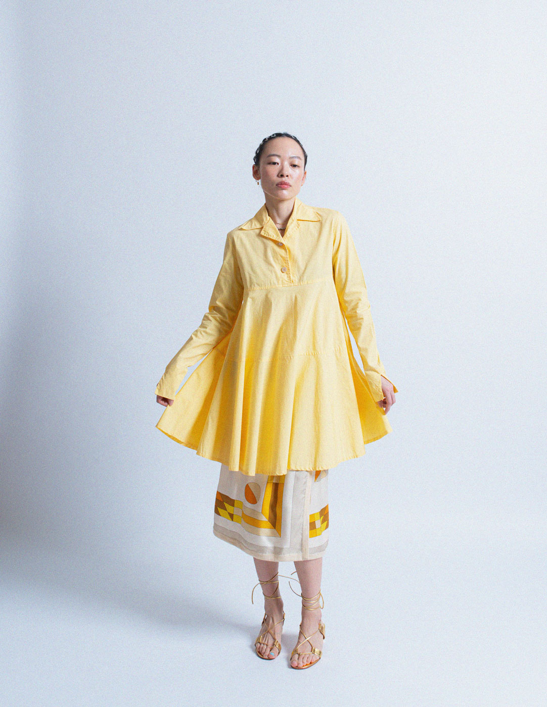 Romeo Gigli vintage butter yellow cotton shirt dress