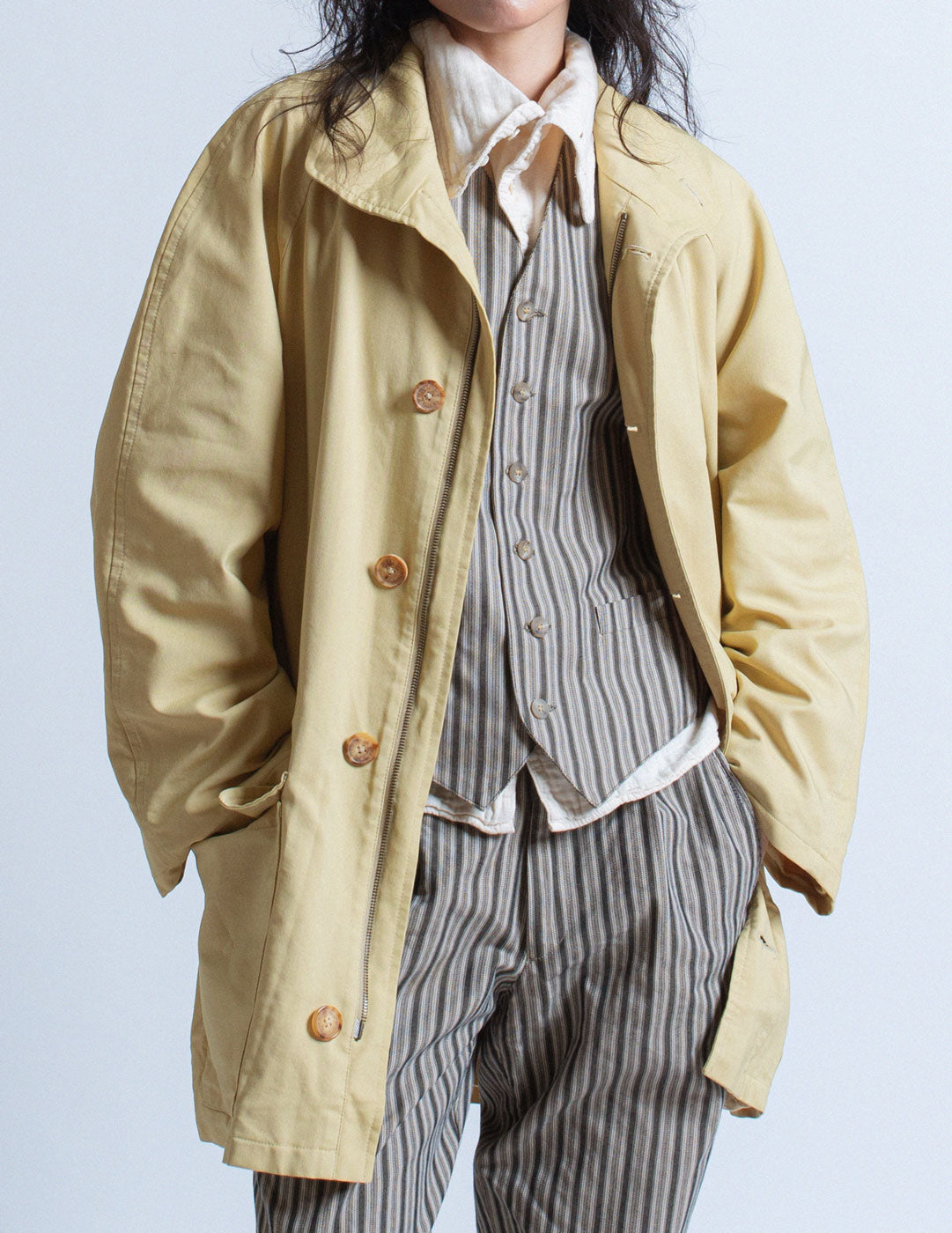 Hermès vintage pastel yellow silk blend trench front detail