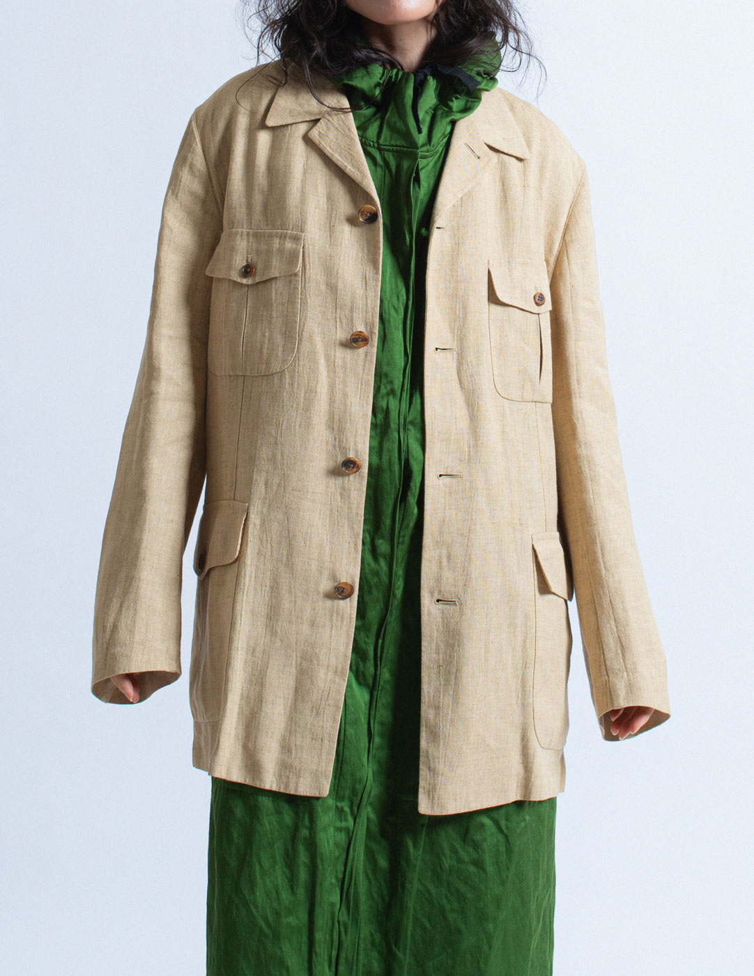 Hermès vintage sand linen buttoned blazer detail