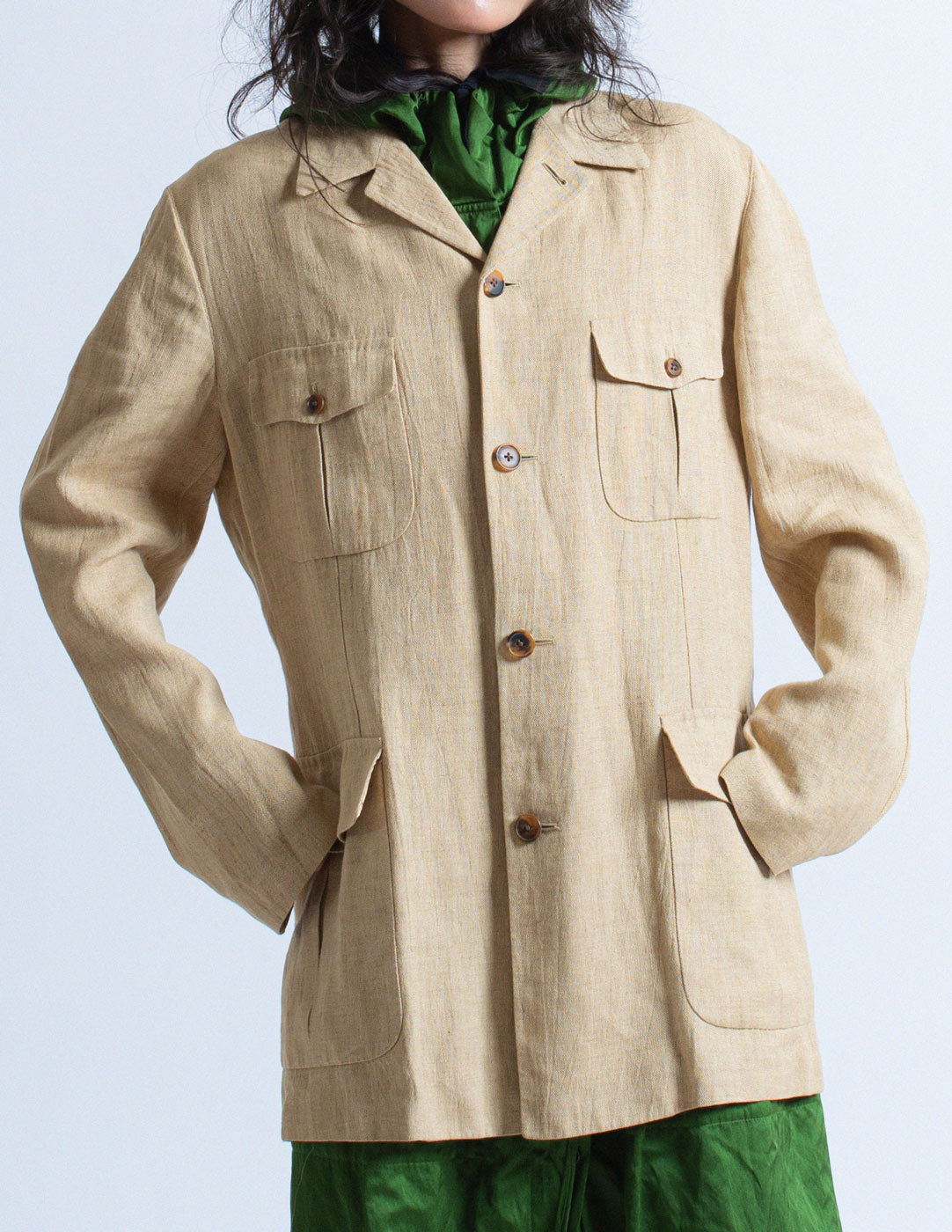 Hermès vintage sand linen buttoned blazer front detail