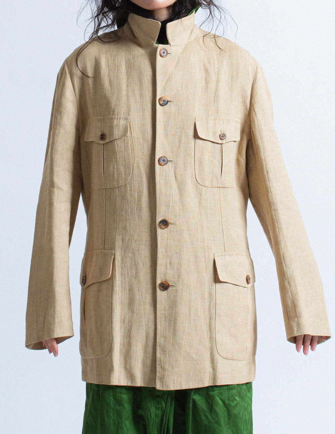 Hermès vintage sand linen buttoned blazer detail