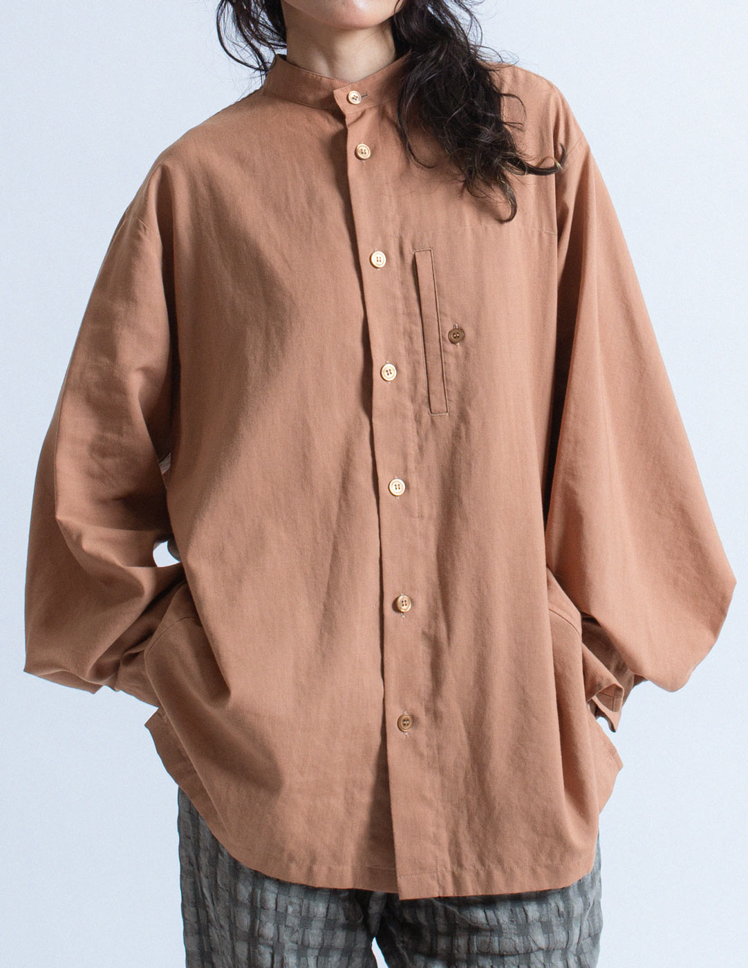 Issey Miyake taupe cotton blend shirt with back pleat front detail