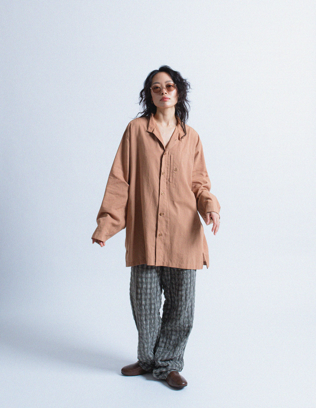 Issey Miyake taupe cotton blend shirt with back pleat