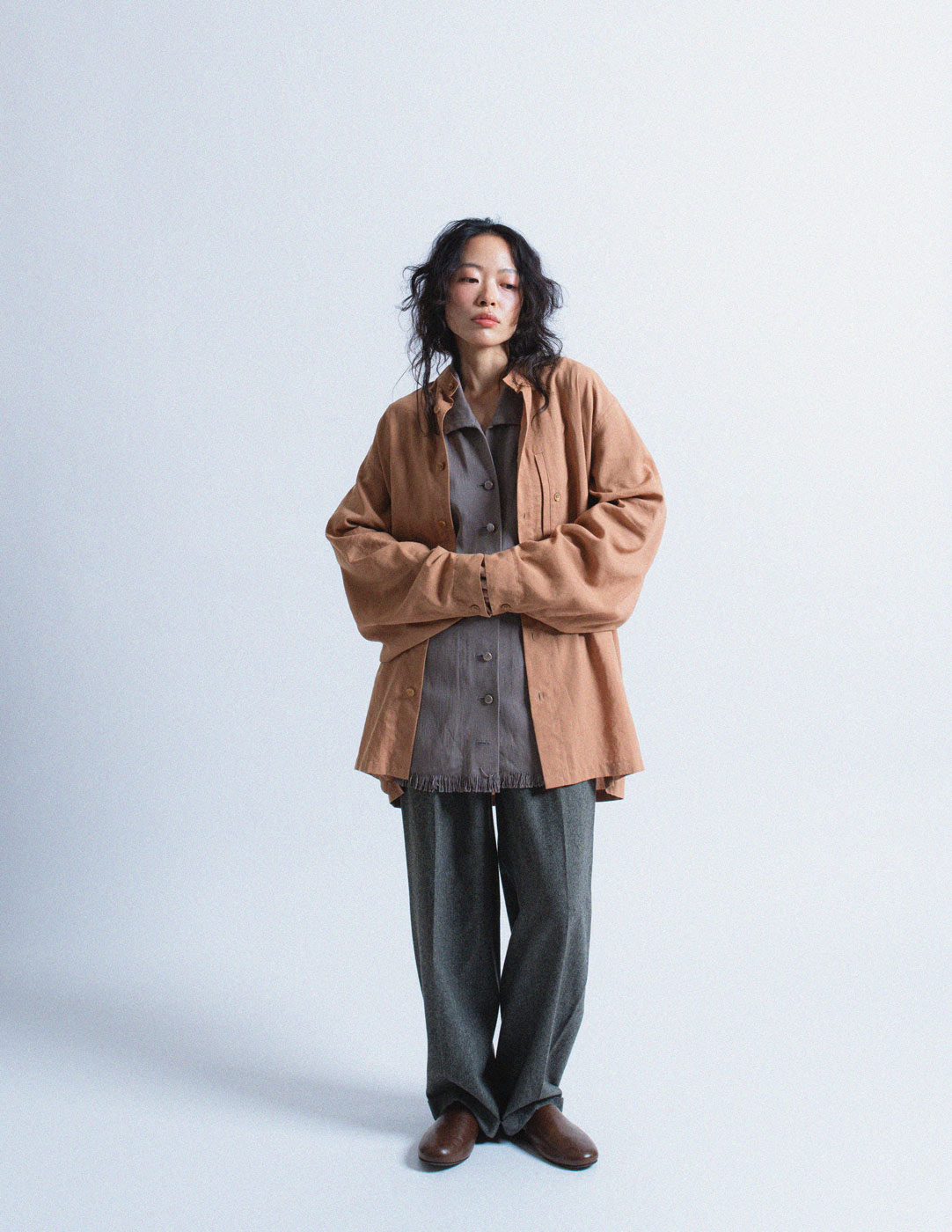 Issey Miyake taupe cotton blend shirt with back pleat