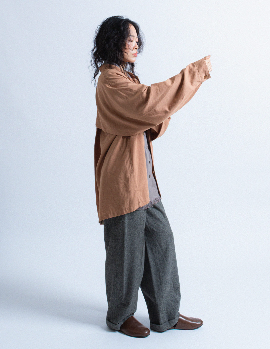 Issey Miyake taupe cotton blend shirt with back pleat side view