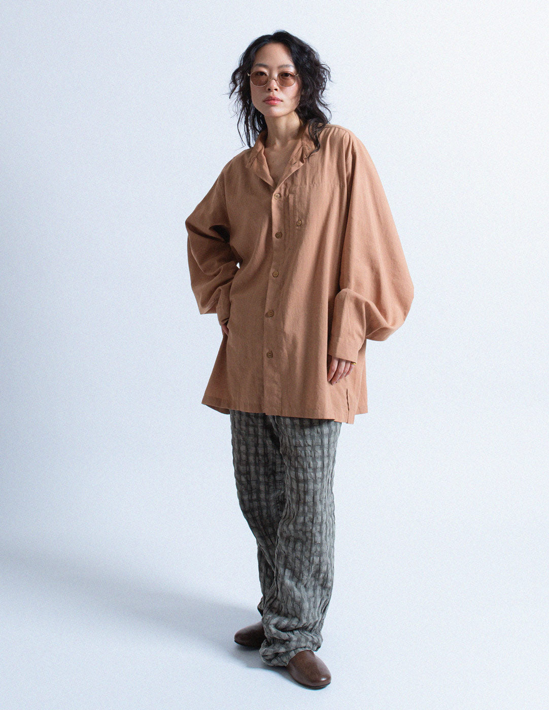 Issey Miyake taupe cotton blend shirt with back pleat