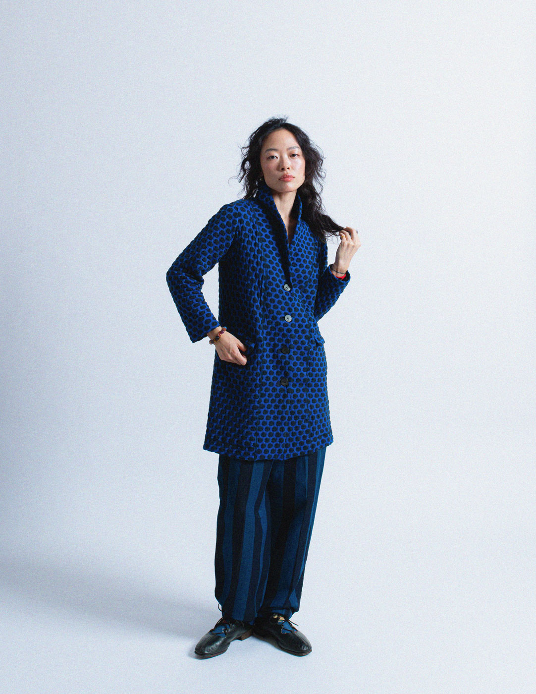 Issey Miyake blue textured polkadot cotton blend jacket