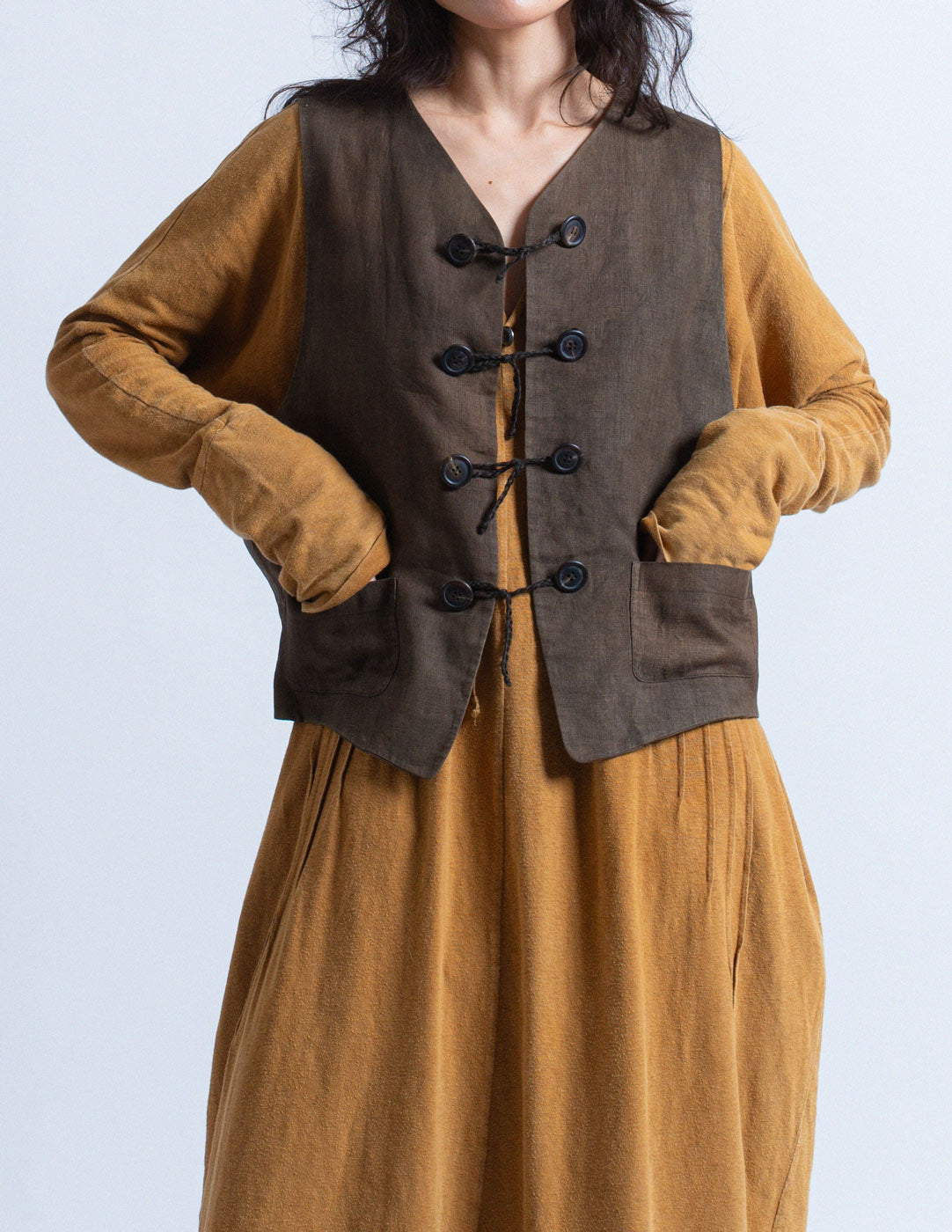 Issey Miyake vintage brown linen vest with rope toggle buttons front detail