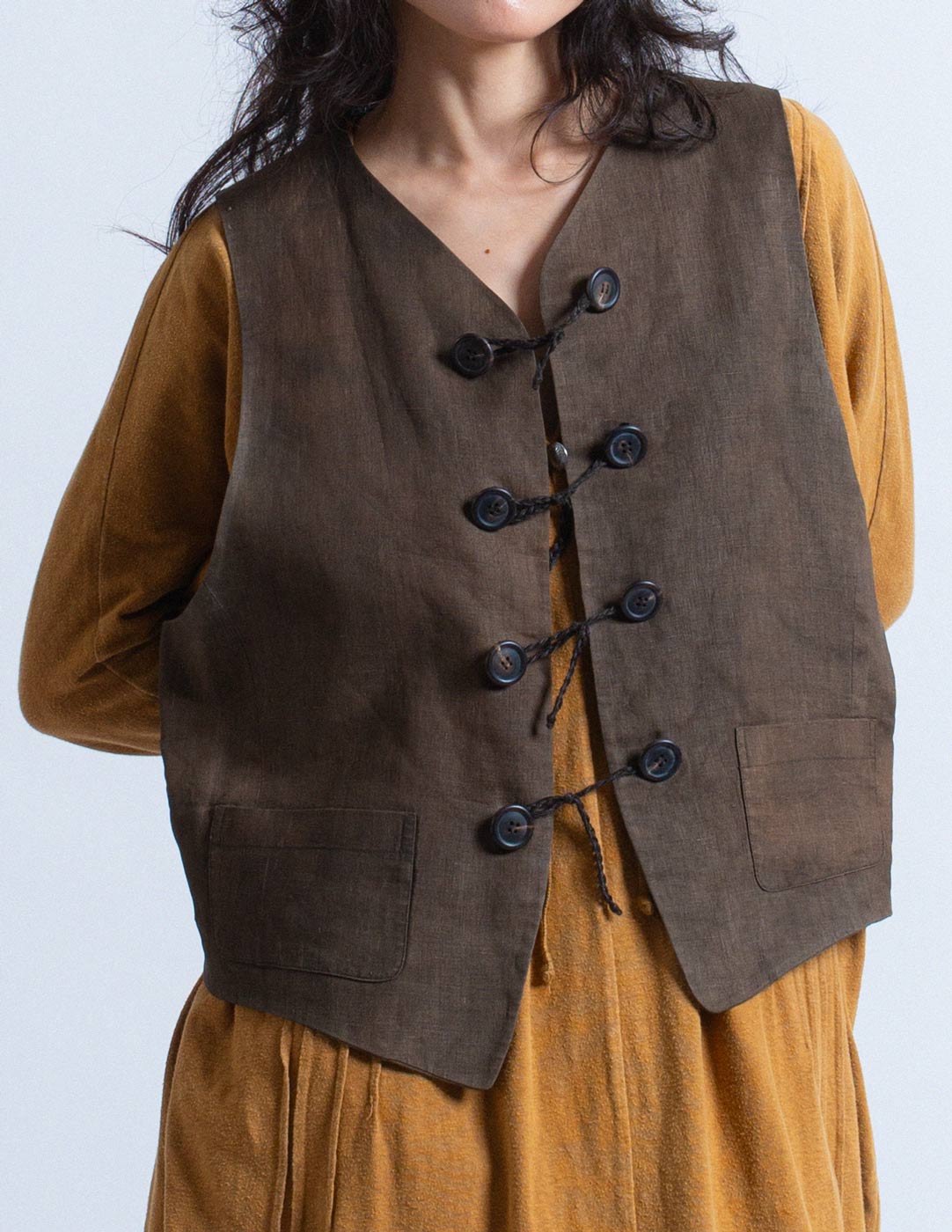 Issey Miyake vintage brown linen vest with rope toggle buttons front detail