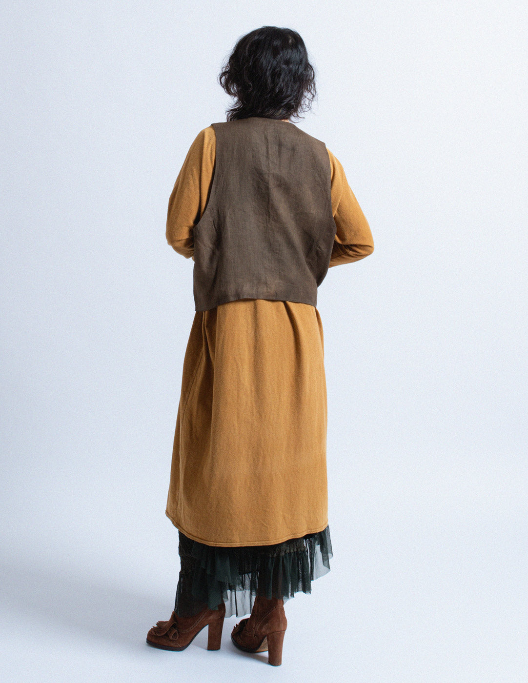 Issey Miyake vintage brown linen vest with rope toggle buttons back view