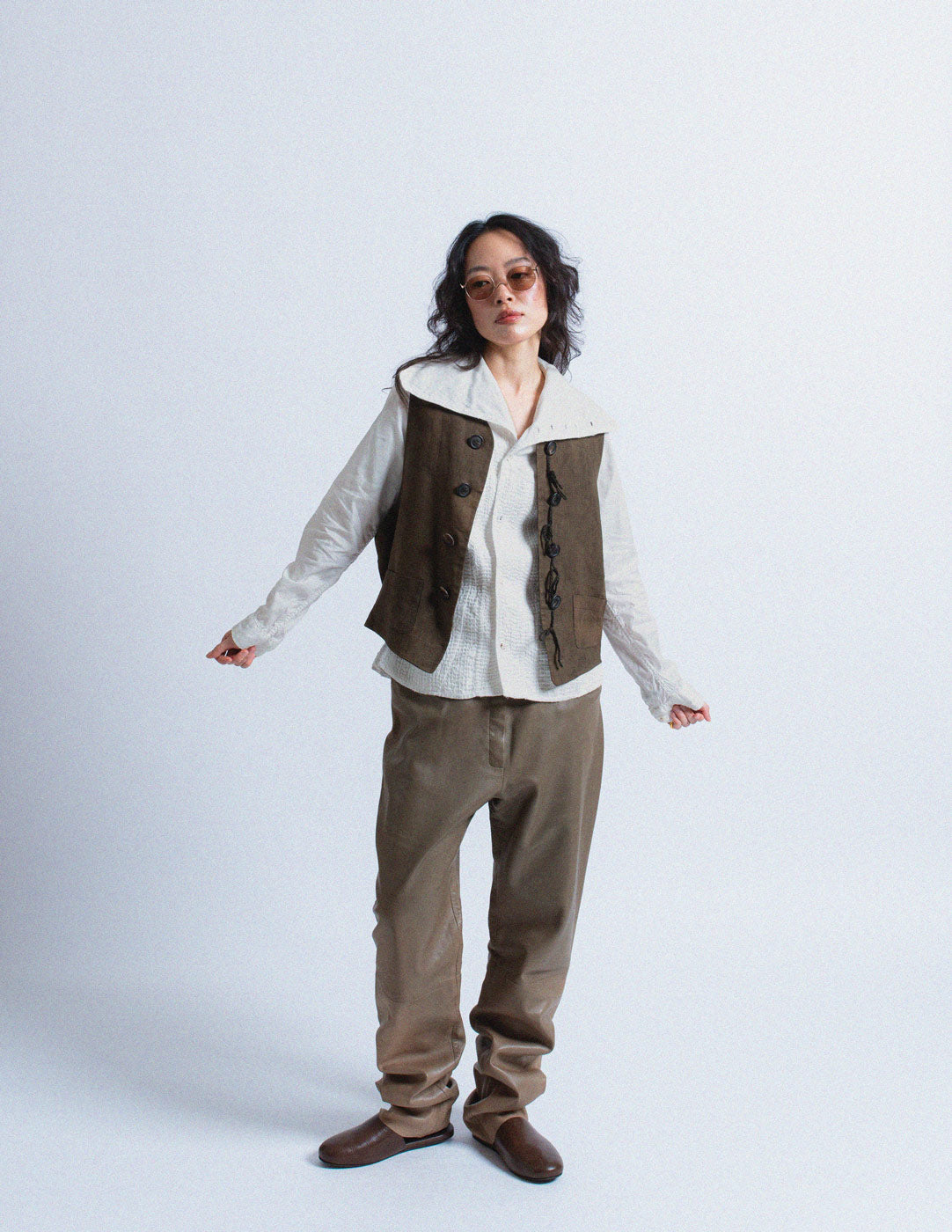 Issey Miyake vintage brown linen vest with rope toggle buttons