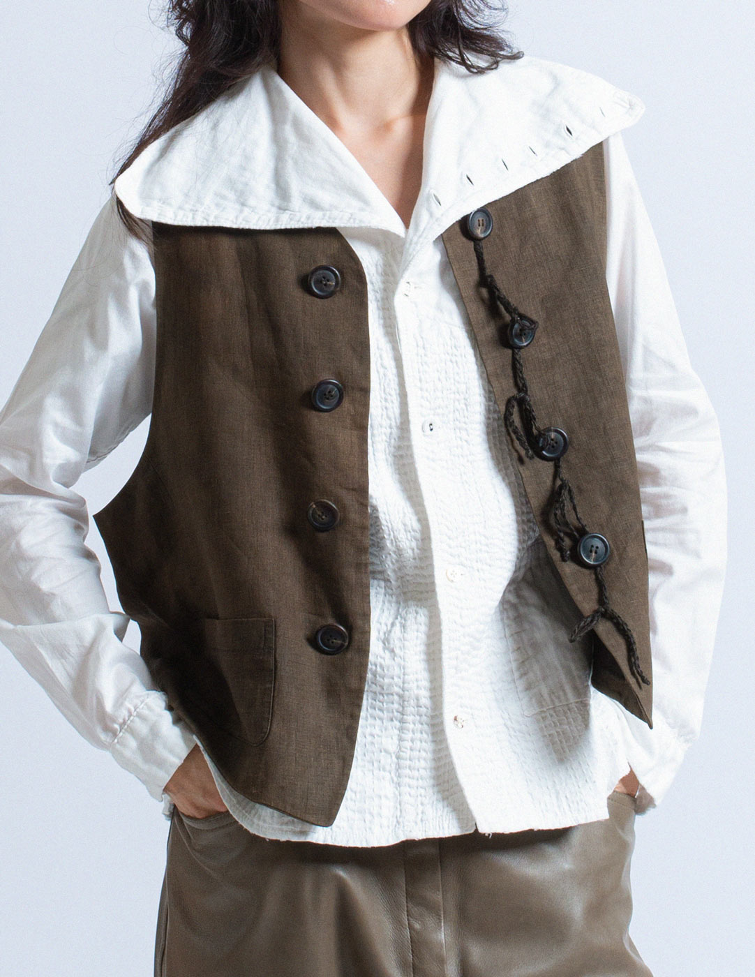 Kapital white collared shirt with stitching detail