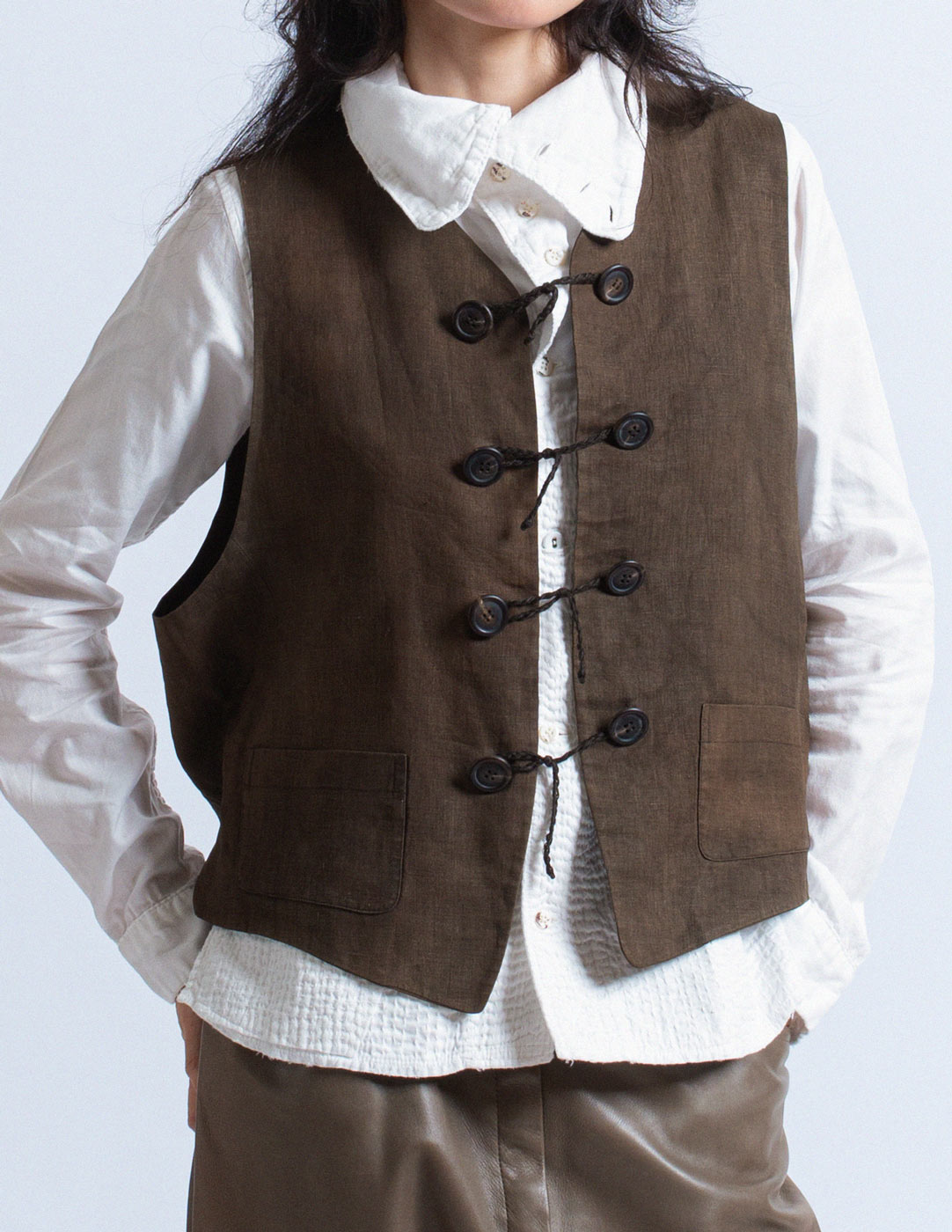 Issey Miyake vintage brown linen vest with rope toggle buttons detail