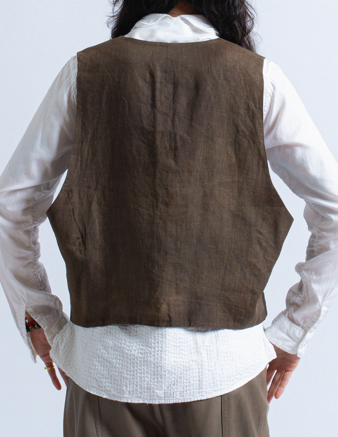 Issey Miyake vintage brown linen vest with rope toggle buttons back detail